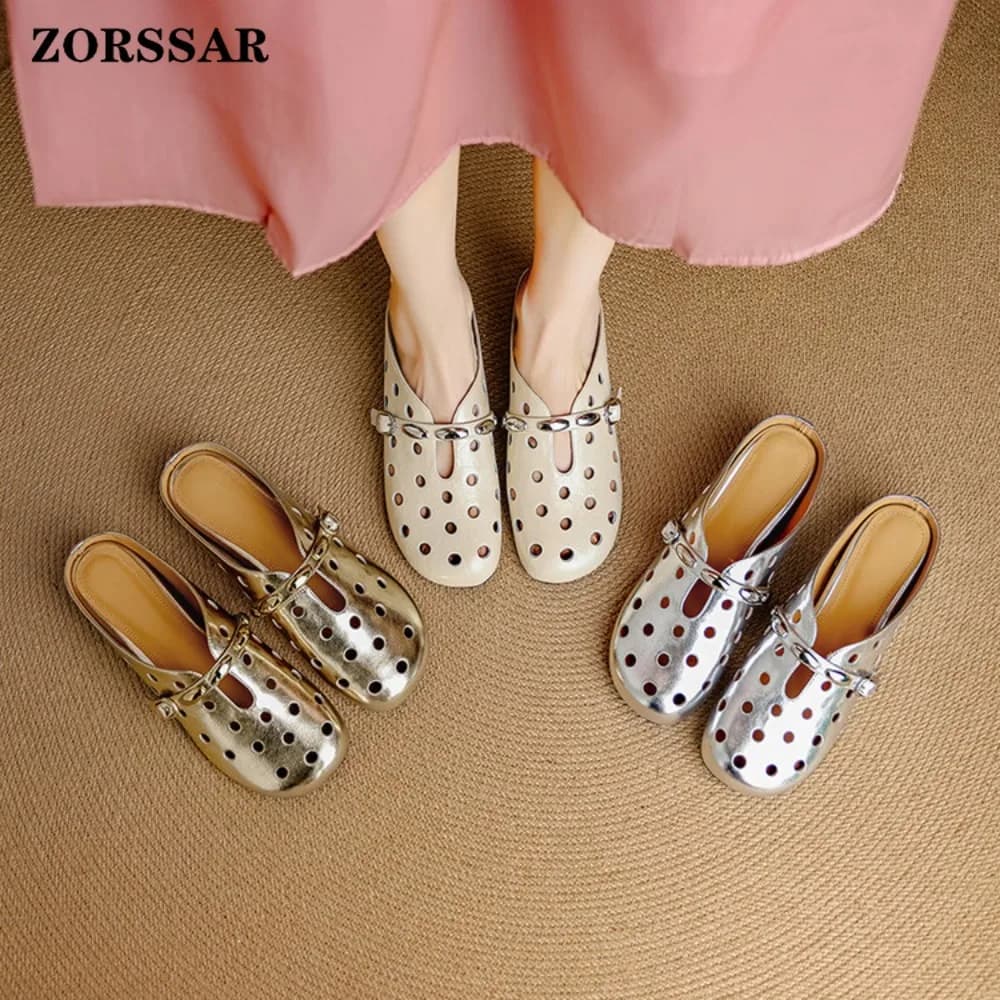 Mules piatte da donna con intagli e fibbia in metallo, traspiranti, senza calcanterina, slip-on, sandali estivi alla moda