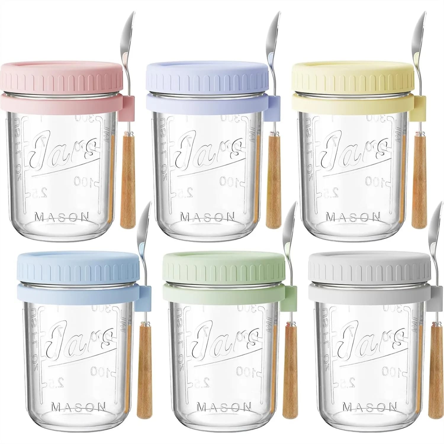 Contenitori per Overnight Oats da 16oz con Coperchi e Cucchiai, Set da 6 Barattoli Mason a Bocca Larga, Ermetici e Antigoccia per Preparazione Pasti
