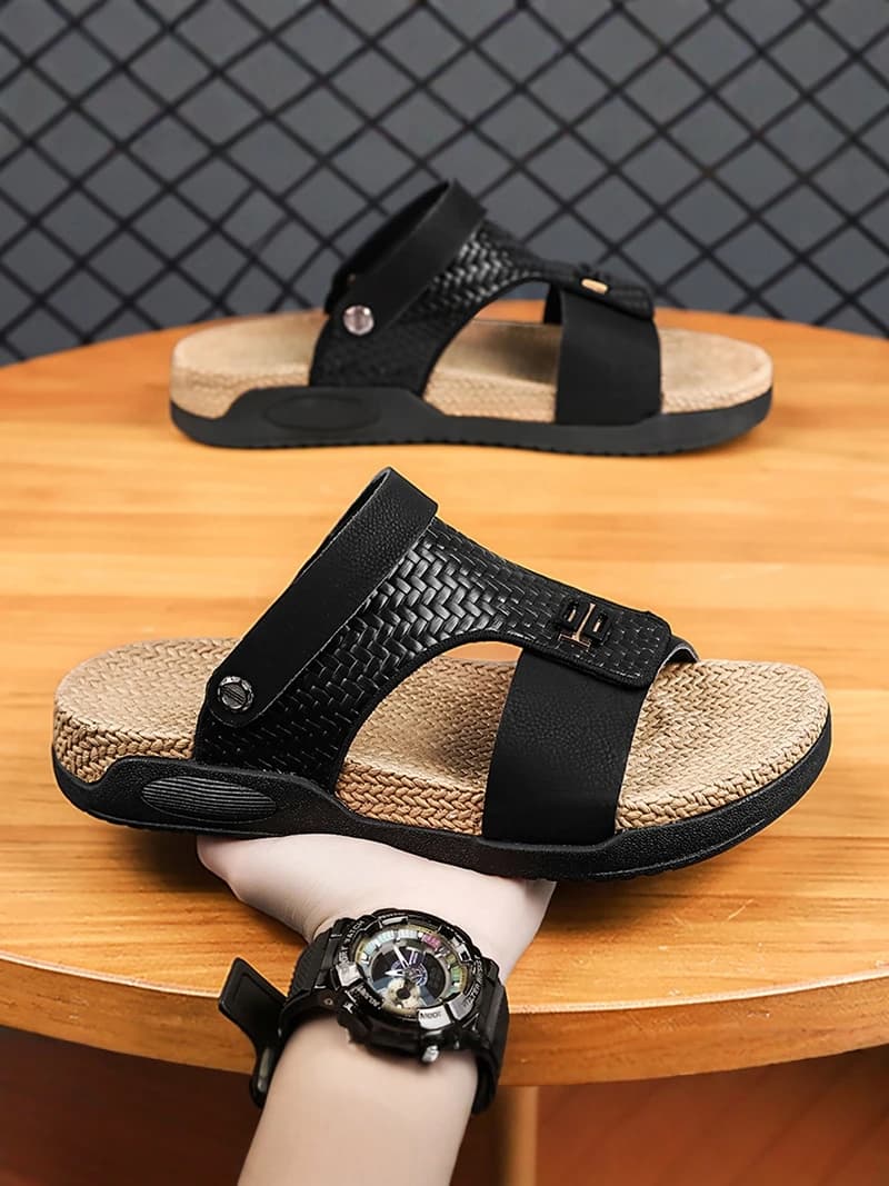 Men's Summer Casual Thick Bottom Sandals Driving Beach Shoes Slip-On PU Leather Breathable Footbed Anti-Slip Rubber Outsole