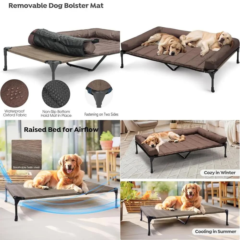 Letto Rialzato per Cani con Cuscino e Bordo Rimovibili Impermeabili, Lettino XL Marrone con Rete Traspirante, Piedini Antiscivolo per Ind