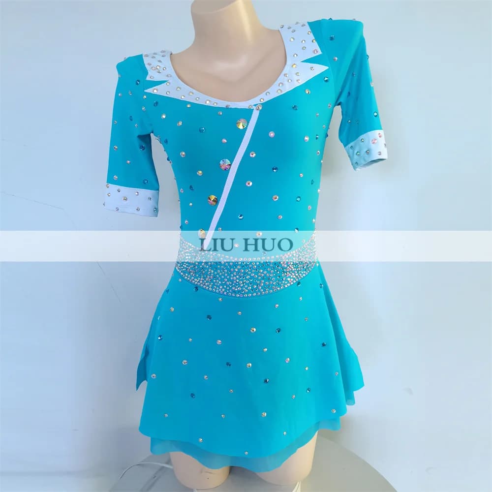 LIUHUO Abito da Pattinaggio di Figura per Danza sul Ghiaccio Donna Ragazza Adulta Adolescenti Personalizza Costume Concorso di Prestazioni Body da Ballo Rullo Blu