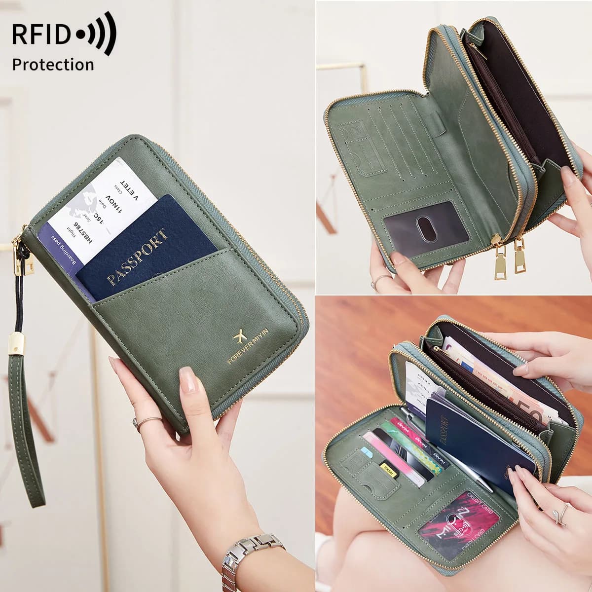 Passaporto con spazzola di sicurezza RFID, documenti di archiviazione multifunzione, biglietti aerei, portafoglio per passaporto a tracolla con doppia cerniera lunga