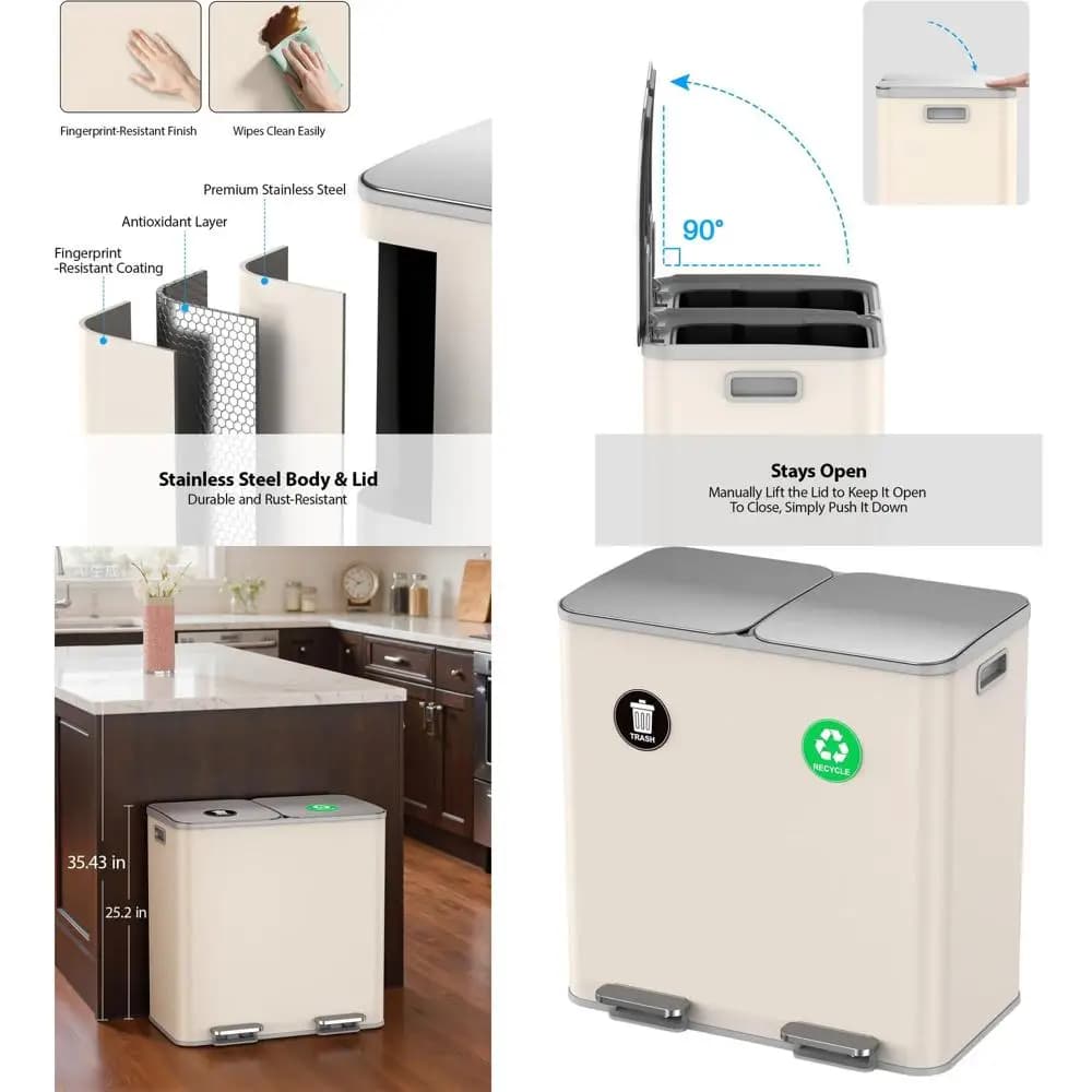 Bidoni Doppi per Rifiuti e Riciclo da Cucina da 11 Galloni, Design a Pedale, Chiusura Silenziosa, Anti-Animale Domestico, Adatti a Sacchi da 13 Galloni, Colore Albicocca