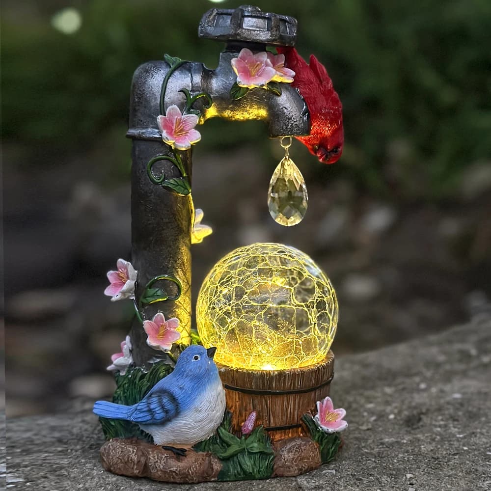 Statua da giardino solare, cardinale carino con rubinetto dell'acqua e sfera di vetro a luce solare, statua da giardino in resina per esterni, dimensioni 9,45 pollici