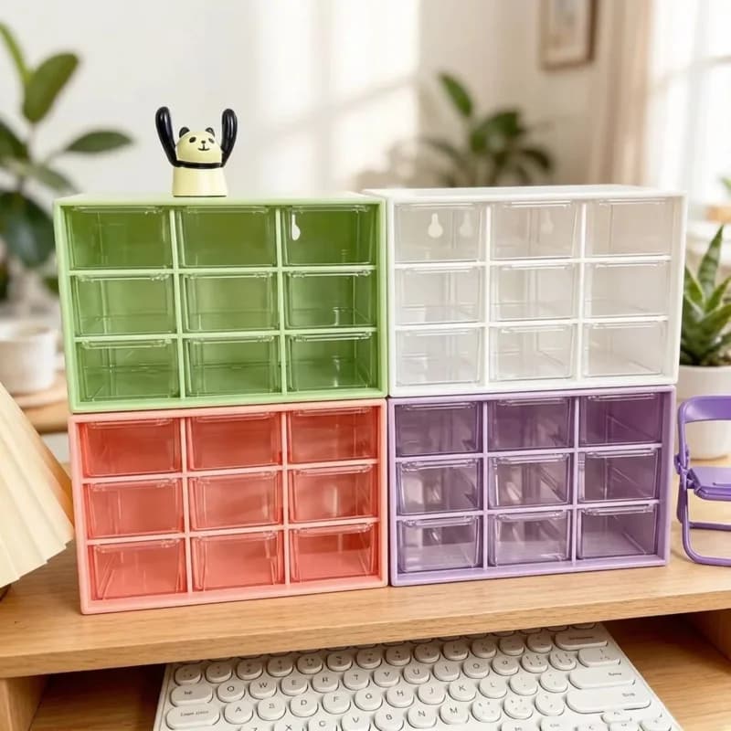 Desktop 9-Grid Transparent Storage Box, Small Drawer Partitioned Organizer, Wall-Mounted Cute Student Desk Sundries Box