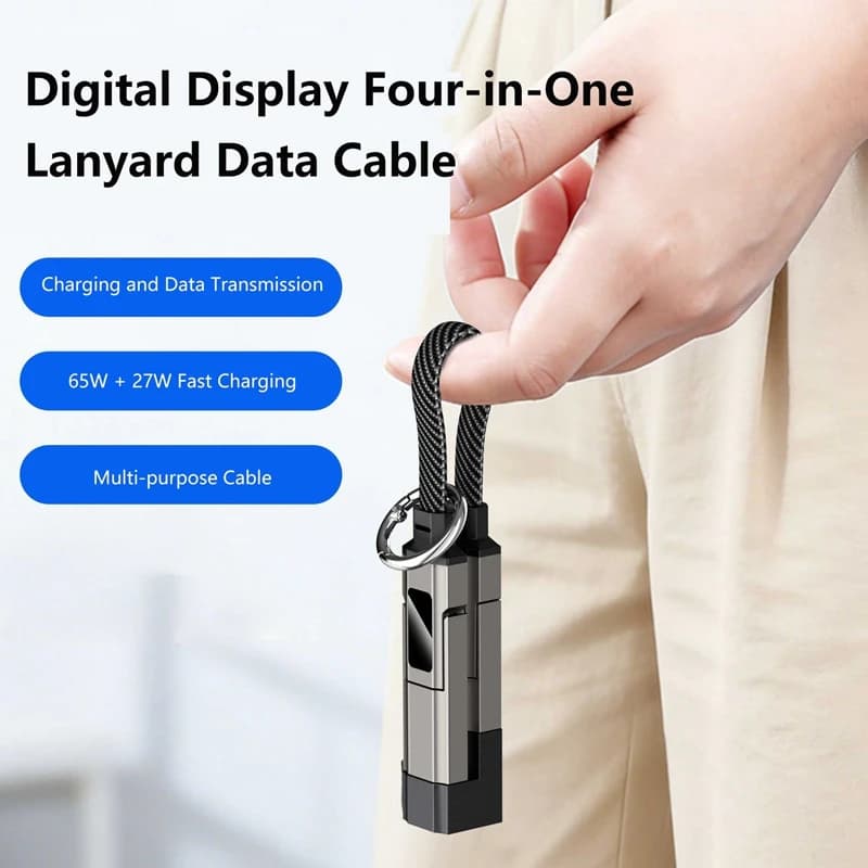 65W 4 in 1 Digital Display Keychain Data Cable Super Fast Charging Short Wire for iPhone 17 16 Samsung Android Phone Tablet 2026