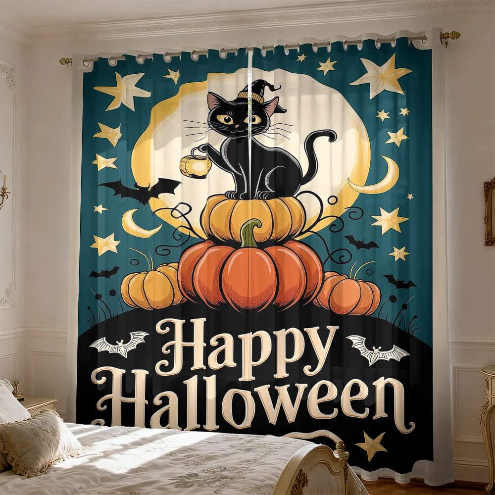 2pcs black cat pumpkin "Happy Halloween" perforated blackout curtains living room bedroom home decoration