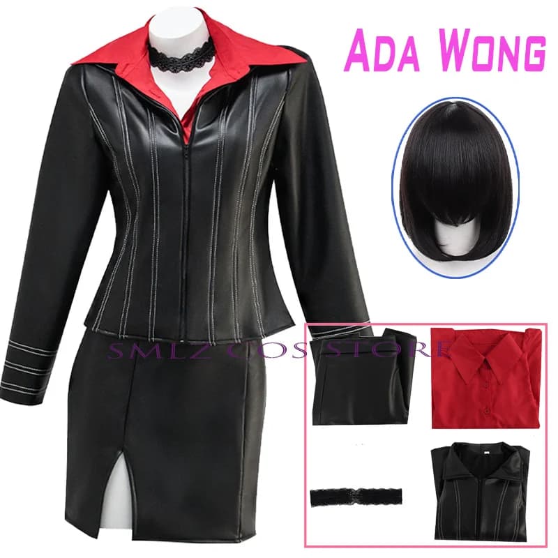 Costume Cosplay Ada Wong per Donna, Giacca in Pelle, Gonna, Uniforme, Set con Parrucca, Outfit per Feste di Halloween per Donne