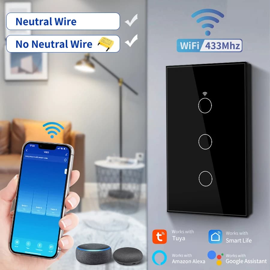 Interruttore tattile Tuya Smart WiFi Interruttore RF 433 MHz Standard USA Pannello a parete Interruttore tattile APP Controllo vocale remoto Alexa Google Home