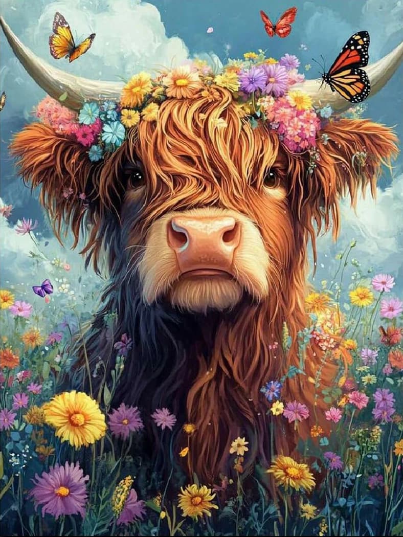 Kit Pittura Diamante 5D Mosaico, Ricamo a Punto Croce - Mucca Highland con Corona di Fiori, Farfalle e Animali da Fattoria - Arte Floreale Fai da Te per Decorazione Murale