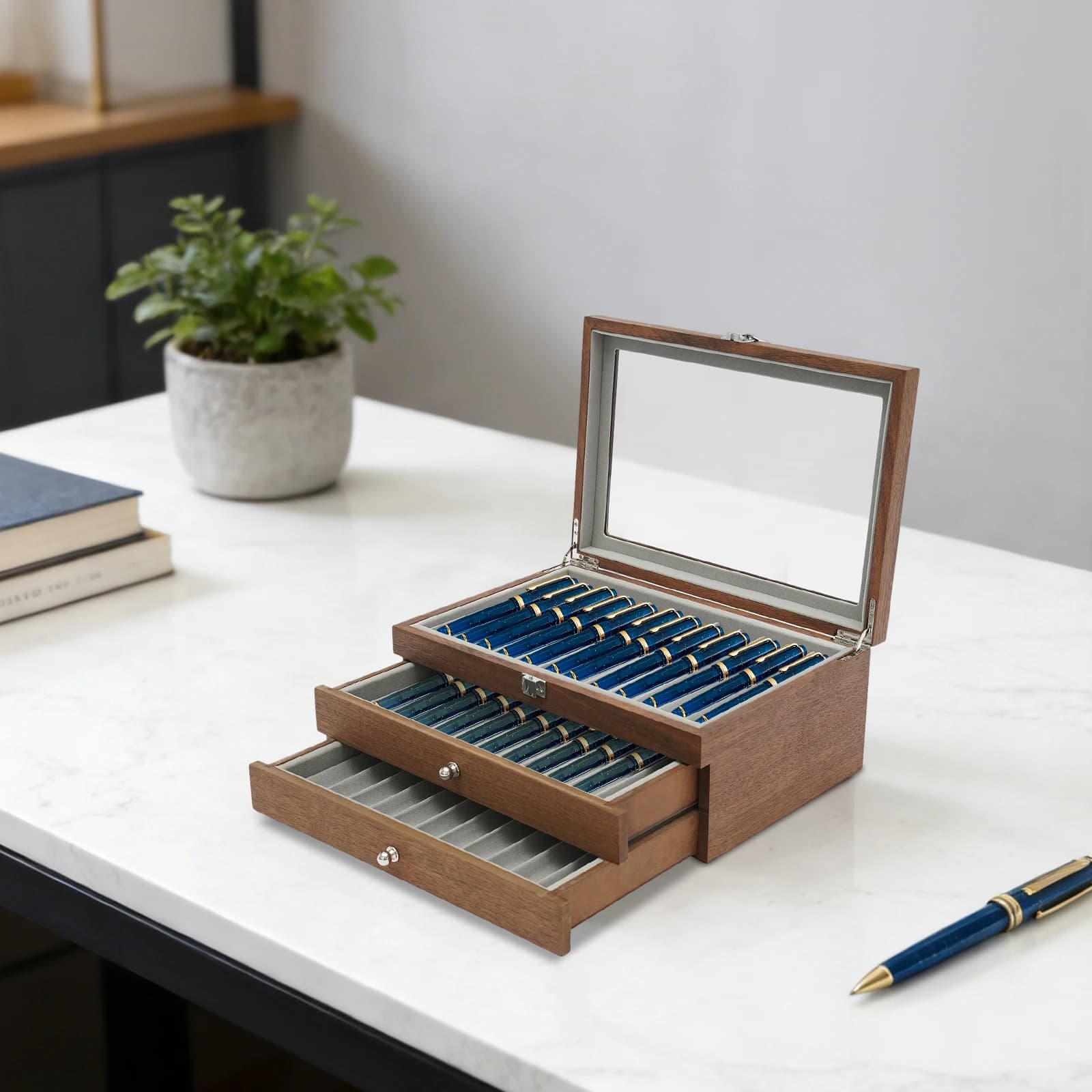 Espositore per penne a 3 livelli con 34 scomparti, scatola porta penne in palissandro, organizer per penne con coperchio in vetro per collezione di penne stilografiche da scrivania