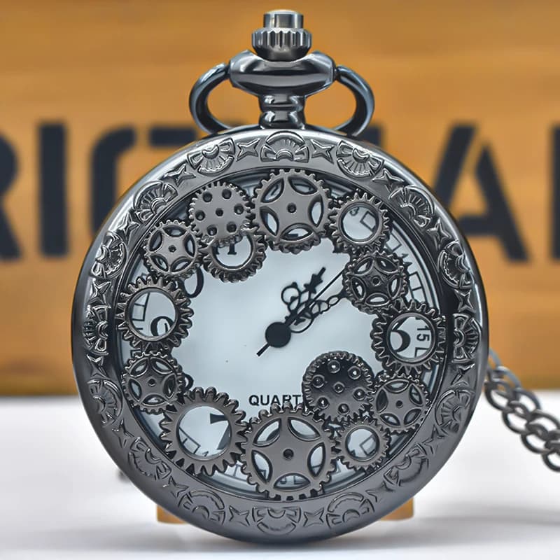 Black Hollow Gear Carved Quartz Pocket Watch Necklace Pendant Clock Chain Men Women Memorial Gift