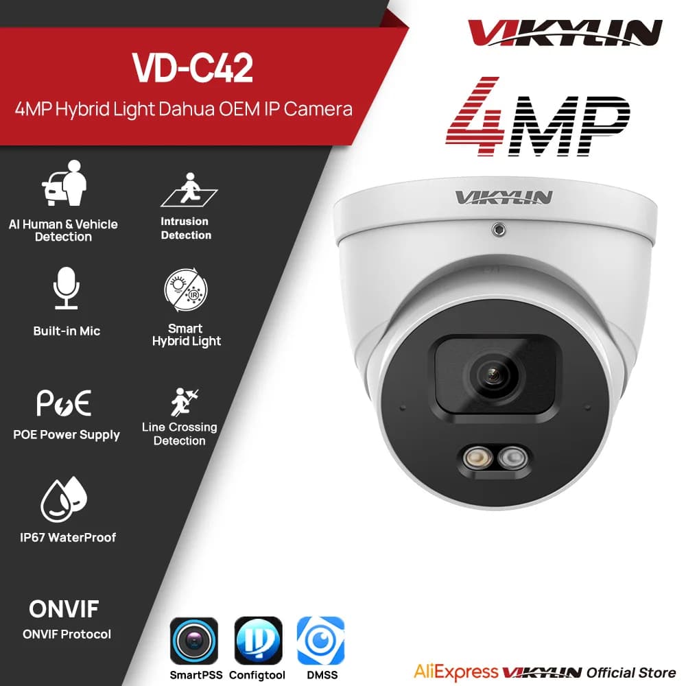 Telecamera di Sicurezza IP VIKYLIN 4MP, Smart Dual Light, Microfono Integrato, SMD2.0, per Esterni, Supporto Onvif, Protezione Perimetrale IP67, Scocca in Metallo