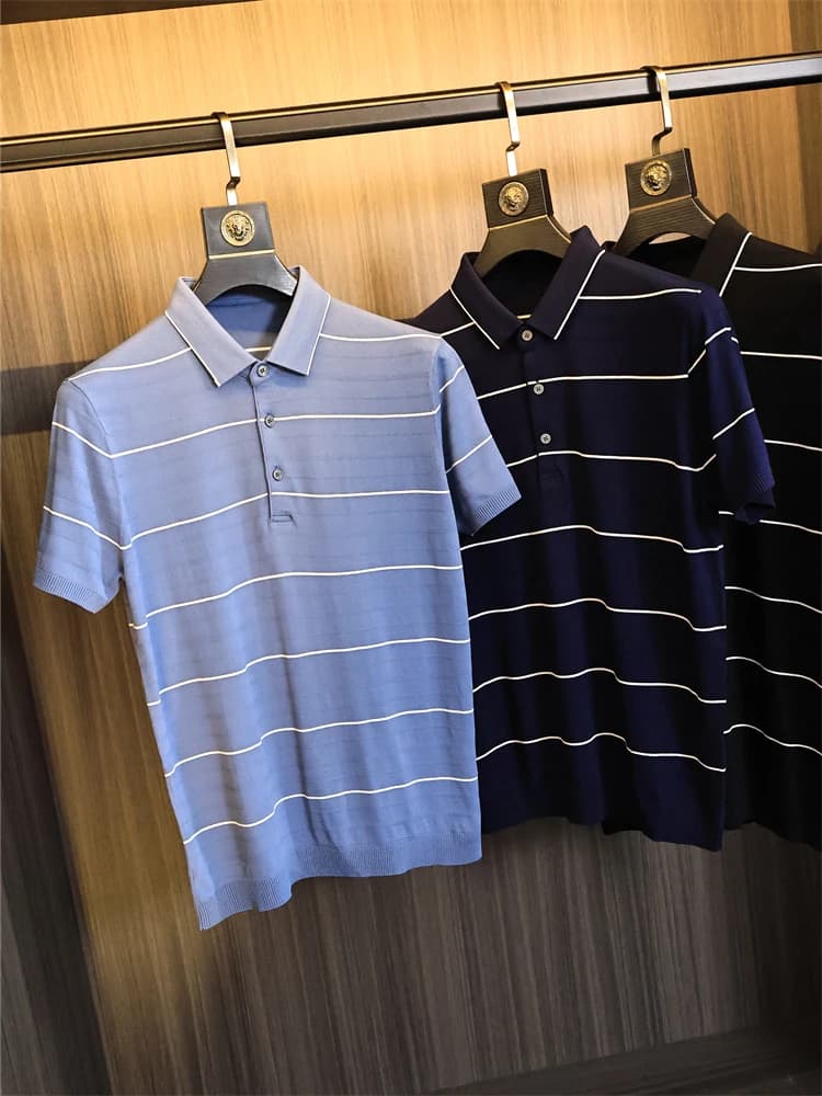 High Elastic Ice Silk Knitted Men's Summer Shirt Short Sleeve Striped T-Shirt Business Casual Standard Fit Youth Busines...