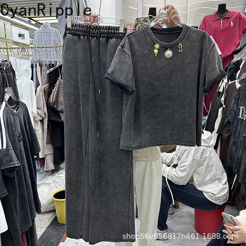 Complete Woman Two Pieces Black and Grey, Spring Summer, T-Shirts Court Crop Top + Casual pants Gamba Larga with High Elastic Life