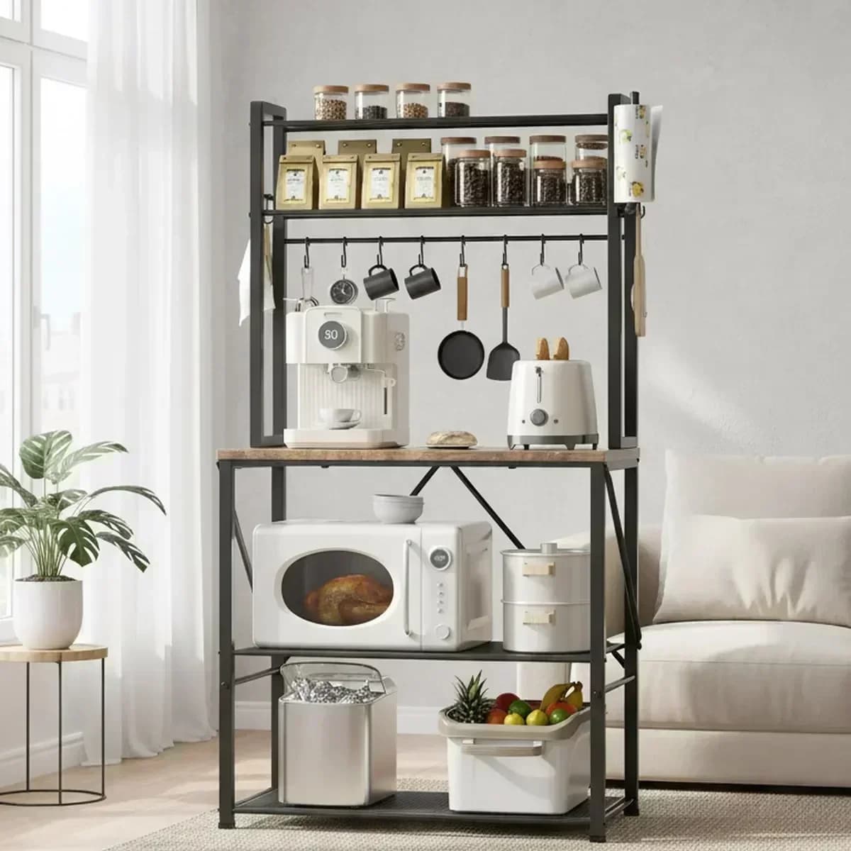 Rustic Brown Kitchen Organizer 5 Tier Shelf Microwave Stand with Hooks Spice Pot Storage