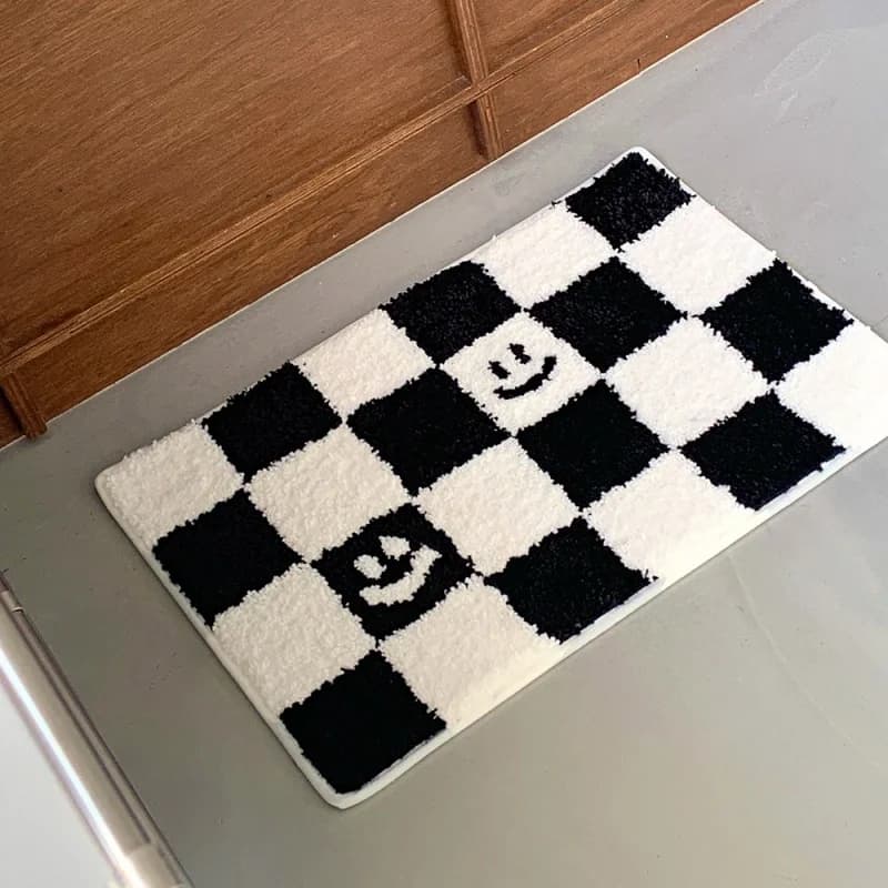 VIKAMA Tappetino per porta con stampa a scacchiera, tappetino da bagno antiscivolo in peluche, rivestimento per pavimento del comodino della camera da letto, ornamento per la casa