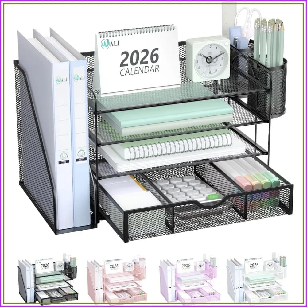 4-Tier Desktop File Organizer with Drawer & Pen Holders, Black Office Desk Accessories for Home & Workspace