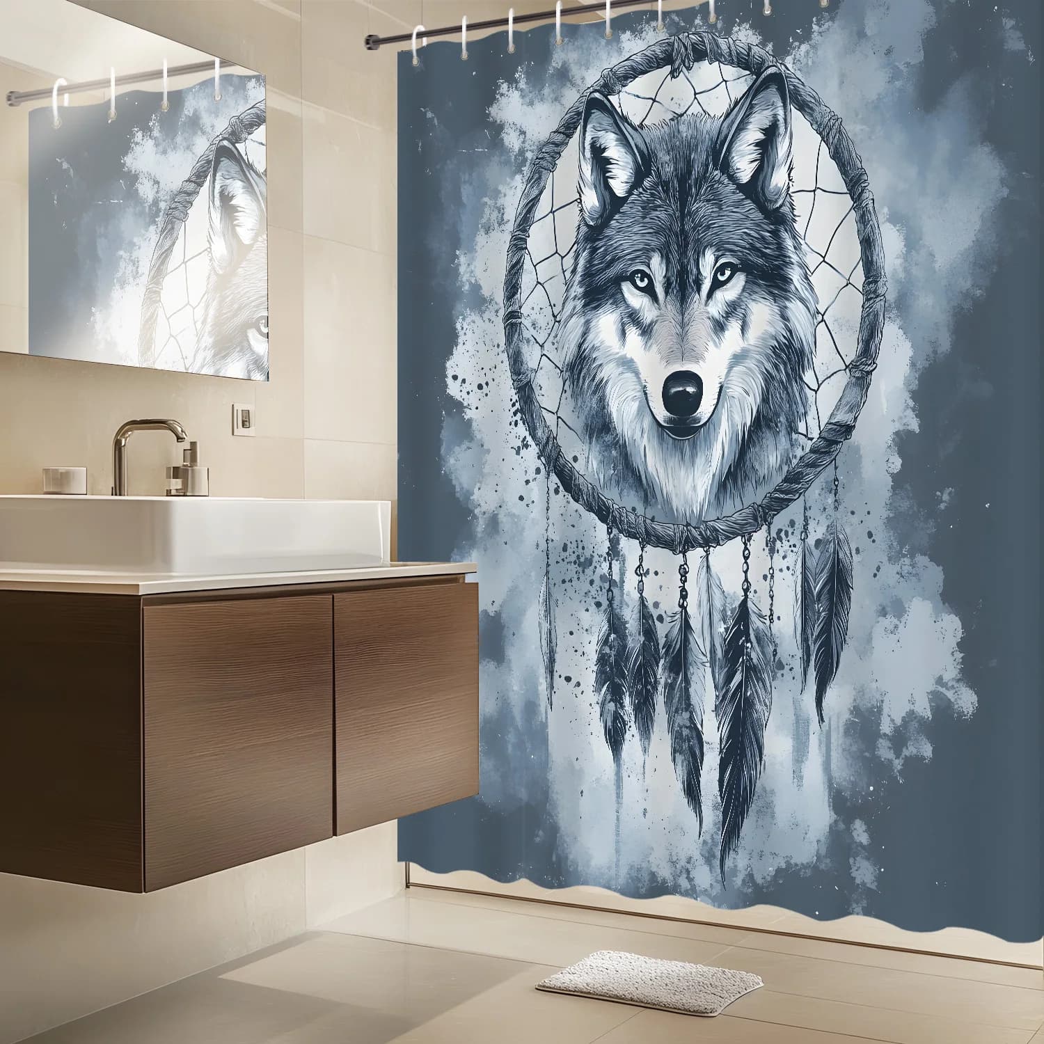 Mystical Wolf Dreamcatcher Shower Curtain: Spiritual and Serene Bathroom Decor