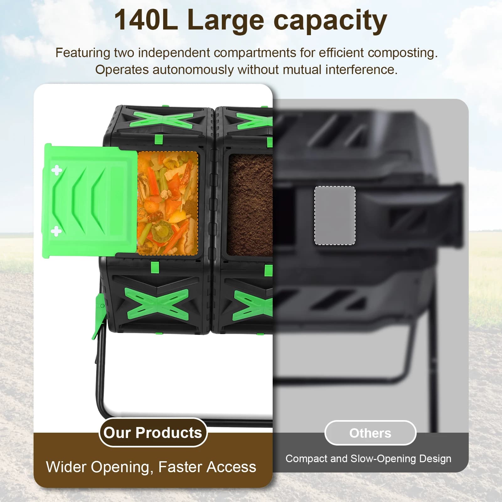 140L Dual Chamber Compost Bin Easy Setup Compost Bin Outdoor Tumbling Composting Bins Mobile Compost Starter for Garden Yard