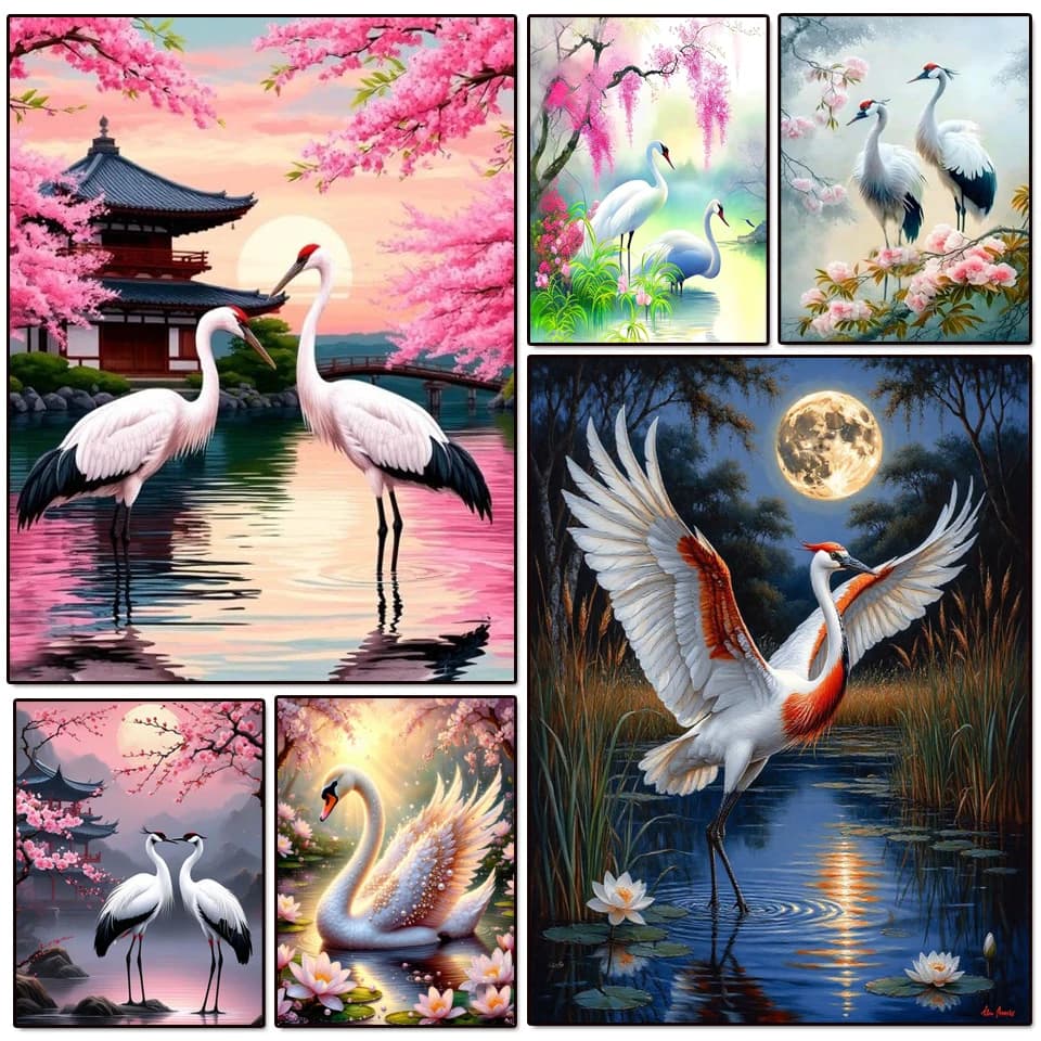 Nuovo 2026 Pittura Diamante 5D con Paesaggio di Gru a Corona Rossa, Ricamo a Mosaico Rotondo Completo, Arte Murale con Fiori di Ciliegio e Luna, Decorazione Uccelli