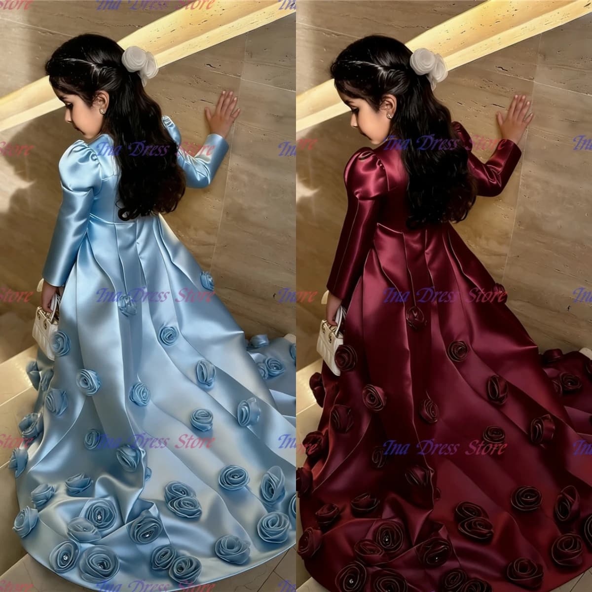 Elegante Abito da Damigella in Raso Champagne con Strascico Lungo e Applicazioni Floreali 3D per Matrimoni e Feste di Compleanno