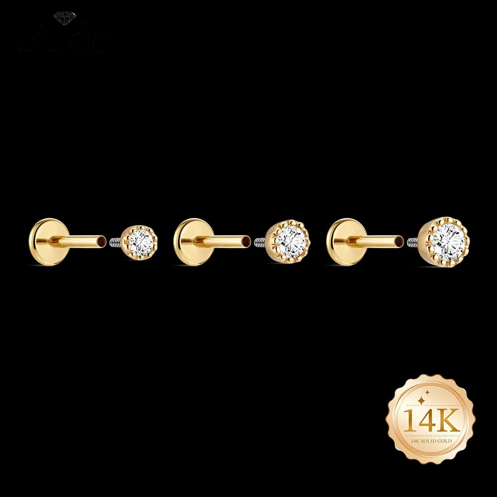 AIDE Orecchini piercing multi-misura in oro massiccio 14 carati per donna, stile classico rotondo a girasole, gioielli raffinati e regali di pregio.