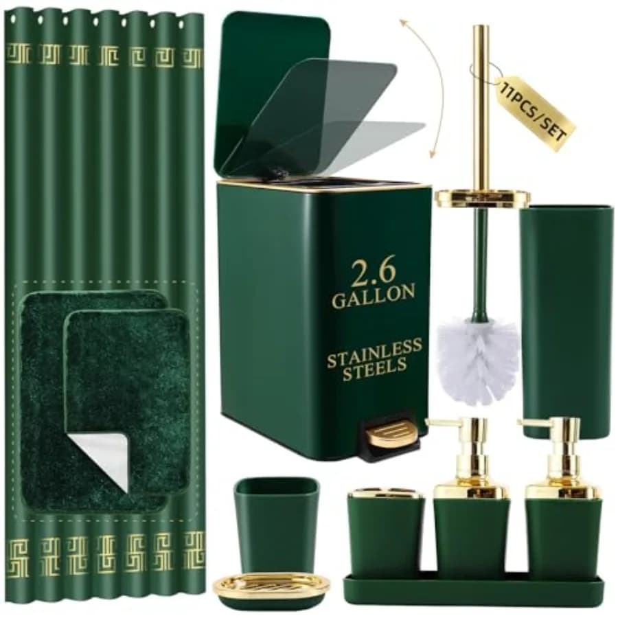 Set da Bagno con Tenda Doccia e Tappeti, Set Accessori Bagno Verde Cacciatore, Dispenser Sapone e Spazzola WC