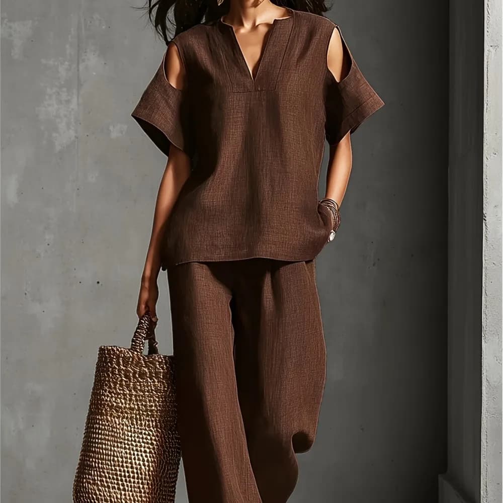 Women's Solid Color Simple Linen Two Piece Cold Shoulder Short Sleeve Top Wide Leg Pants Casual Summer Vacation Suit Sportswear