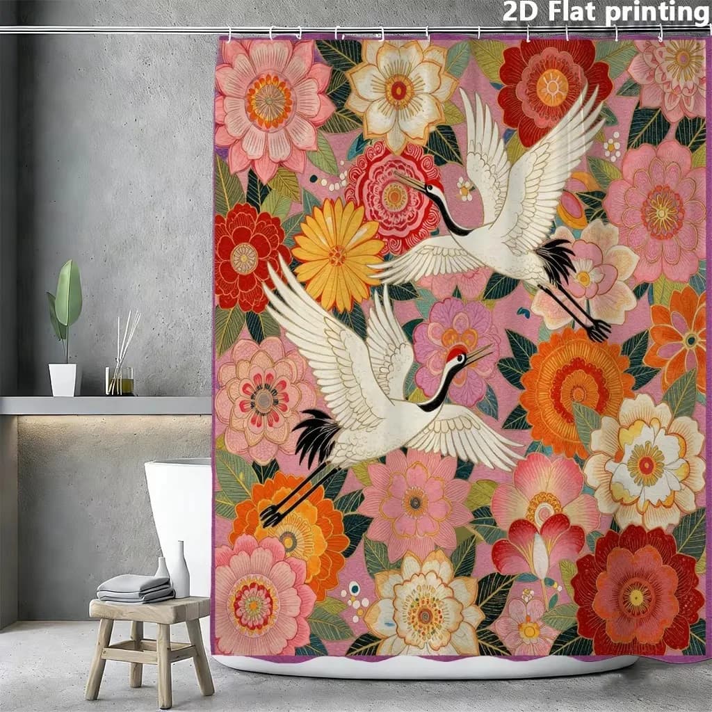 Stylized Crane & Peony Illustration Shower Curtain Polyester Machine Washable