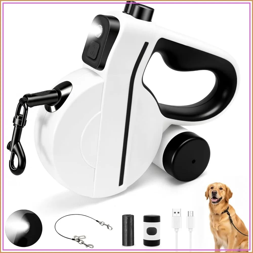 Retractable Dog Leash with LED Light & Reflective Tape, 16ft Chew-Proof Steel Cable, One-Button Brake & Lock for Medium Dogs up to 66 lbs