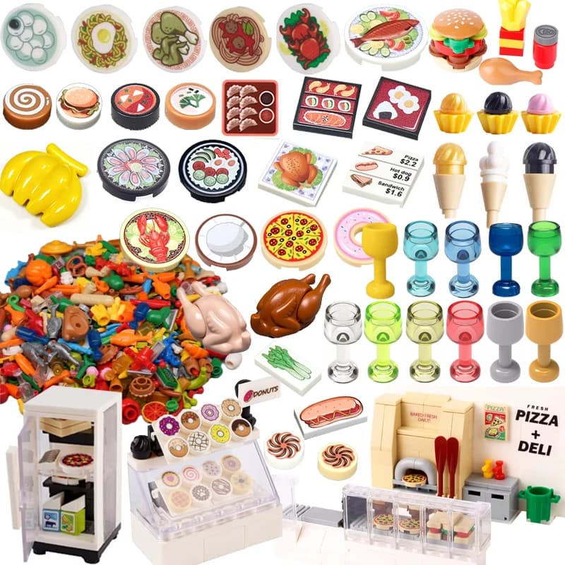 MOC City Food Building Blocks Bicchiere di Vino Ghiacciolo Verdura Frutta Pizza Pollo Dessert Accessori Stampati Mattoncini Giocattoli per Bambini N11