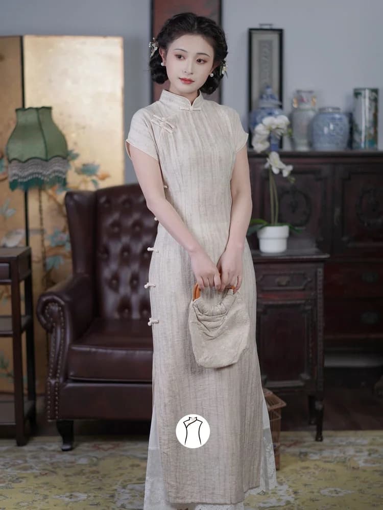 Chengyue New Chinese Style Young Girl Chequered Linen Artistic Daily Short Sleeve Long Qipao Dress Breathable Comfortable