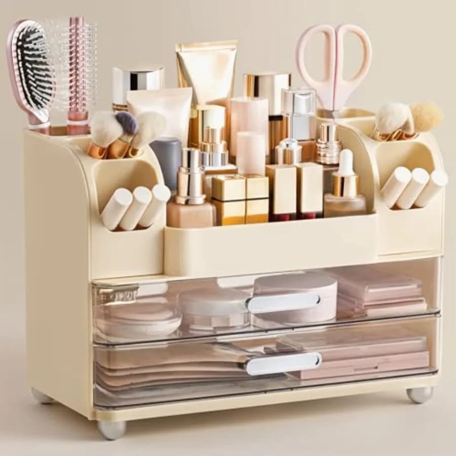 Organizzatore per Trucchi da Toeletta con Porta Pennelli, Grande Contenitore Cosmetico da Appoggio per Bagno, Organizzazione Facile per Prodotti Skincare e Labbra