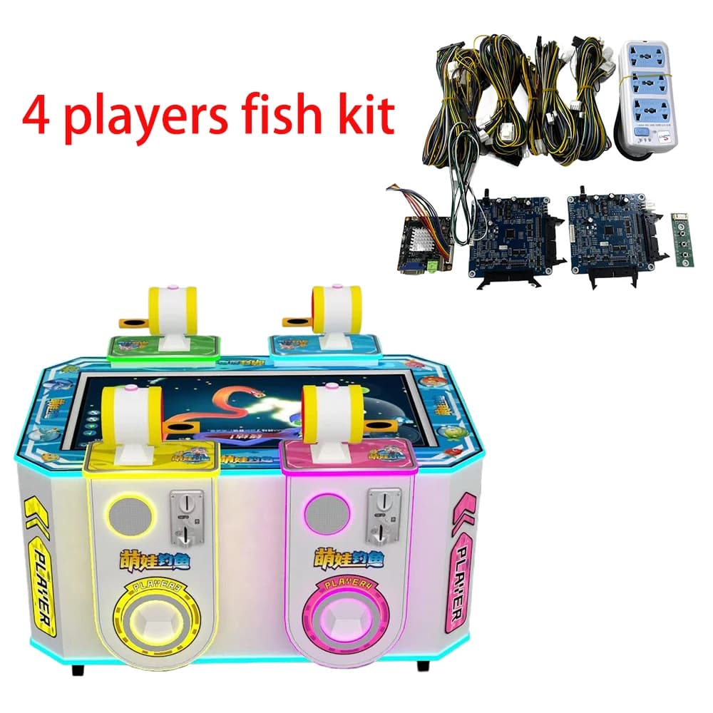 Kit Simulatore di Gioco Arcade Go Fishing per 4 Giocatori con Supporto in Inglese e Versione con Distributore di Biglietti