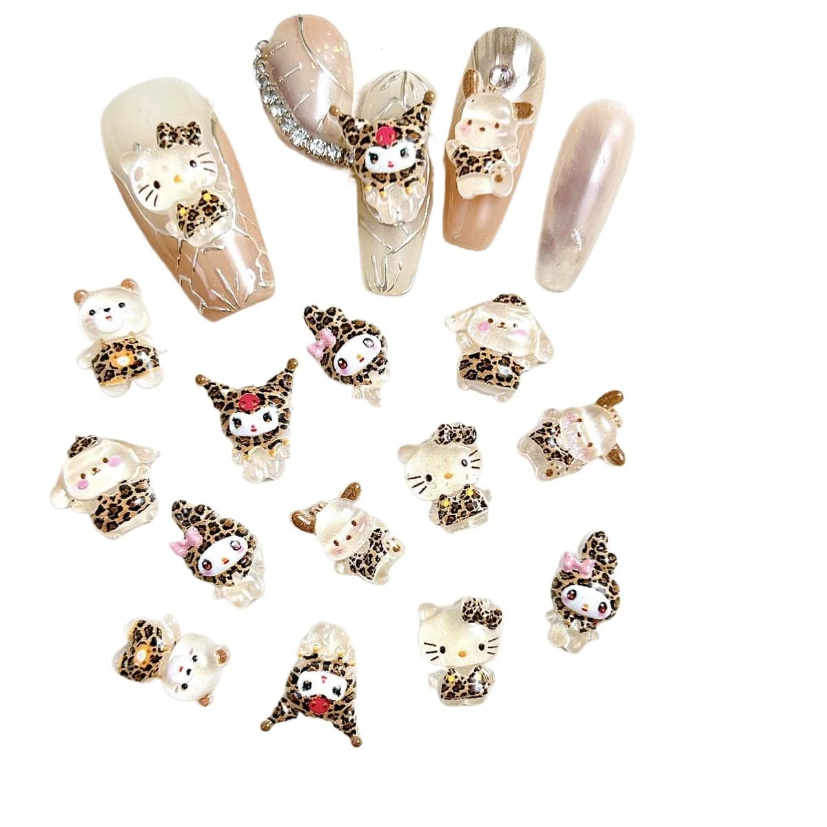 30pcs Resin Mini Cartoon Sanrio leopard print KT cat, rabbit, puppy Nail Rhinestone DIY Scrapbook Decor Accessories