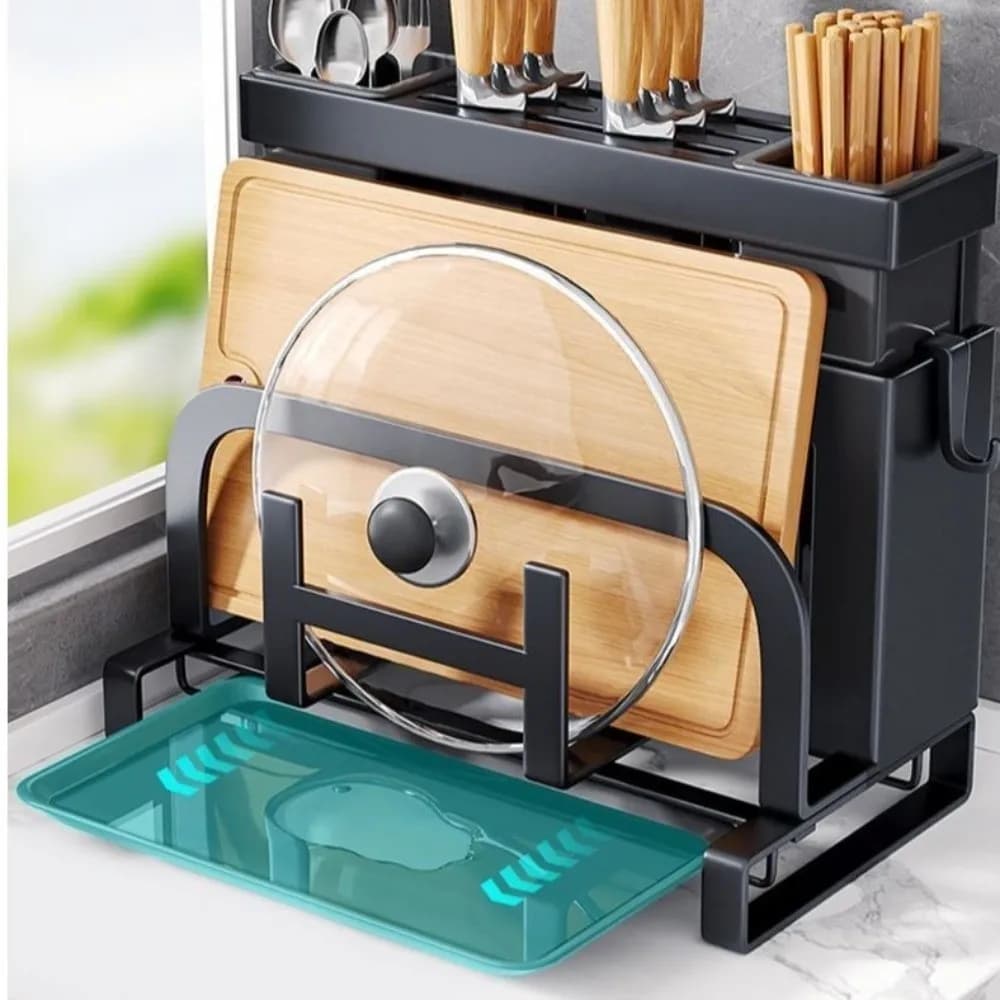 Portaoggetti da cucina con scolapiatti, da parete, per bacchette, coperchi e taglieri, da appoggio sul piano di lavoro