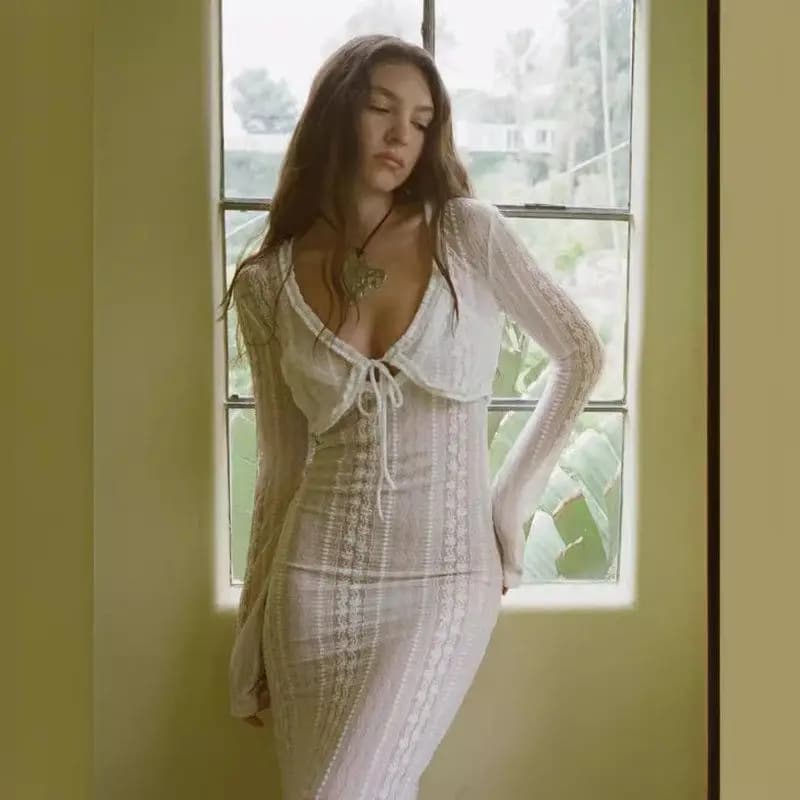 Sexy Long Sleeve V-Neck Cardigan Dress Slit Sunscreen Women's Fashion mid Waist Polyester Fiber Hollow out One Step Skirt