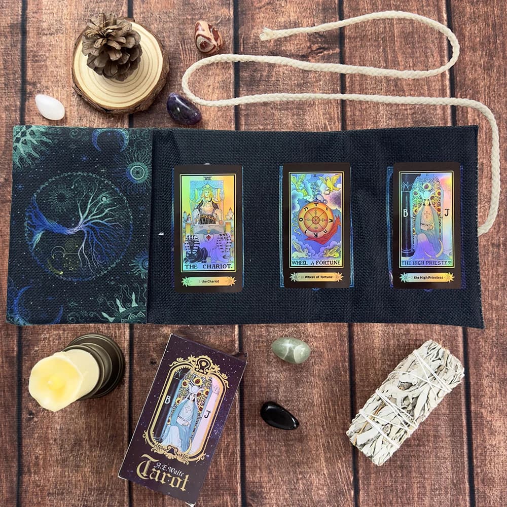 Galaxy Blue Tree of Life Borsa portaoggetti per carte dei tarocchi Tovaglia dei tarocchi per divinazione Sole Luna Cielo stellato Custodia avvolgente