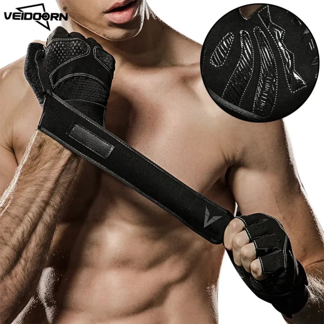 A pair of gym gloves with wrist band support Anti-slip gym workout gloves with half fingers for handlebars