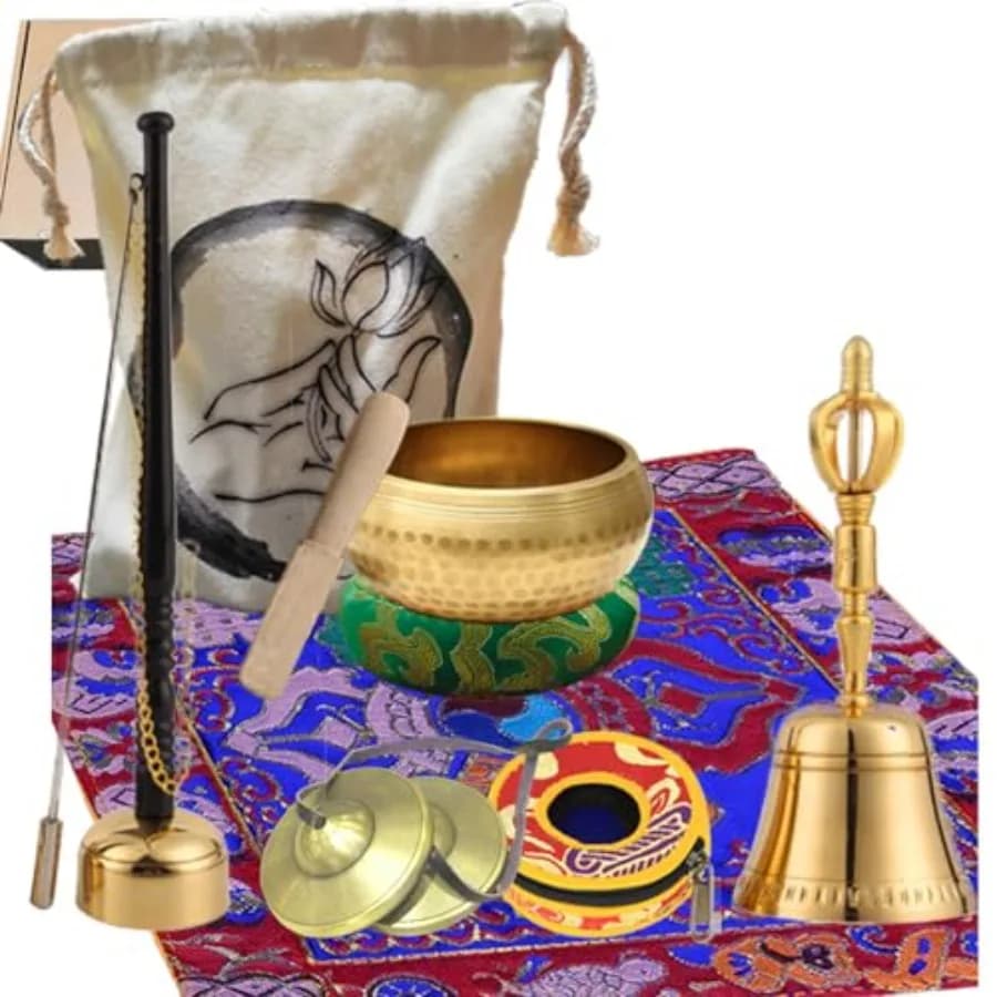 8Pcs Tibetan Buddhist Meditation Set3.1in Singing Bowl 7.5in Brass Bell Dorje Vajra 2.5in Tingsha Cymbals Bells Singing Scriptu