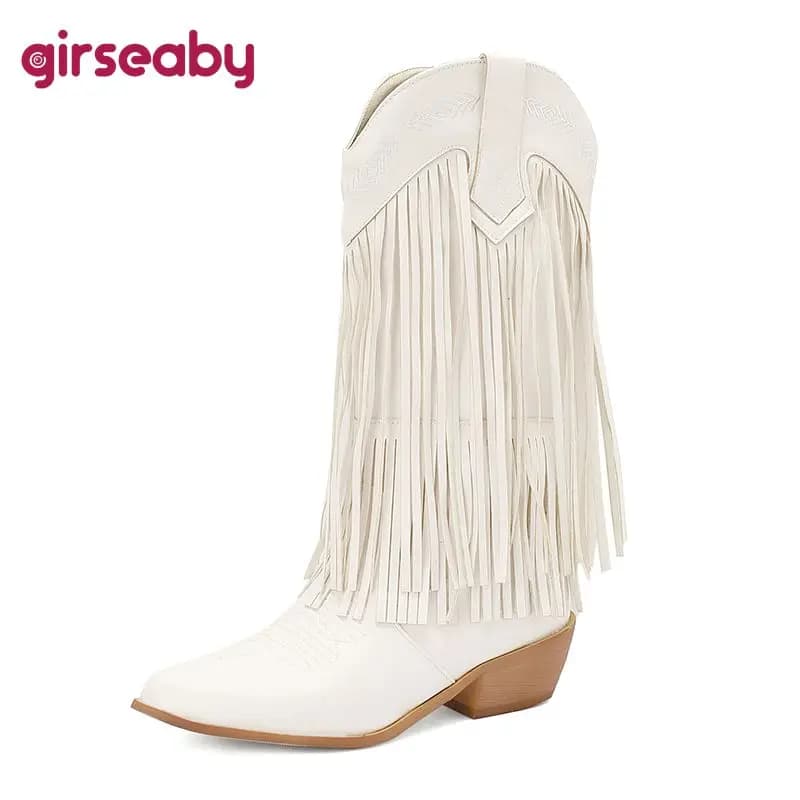 Girseaby Fringe Slip On Western Cowboy Bota Embroider Plus Size 46 47 48 Women Knee High Boots Pointed Toe Block Heels 4.5cm