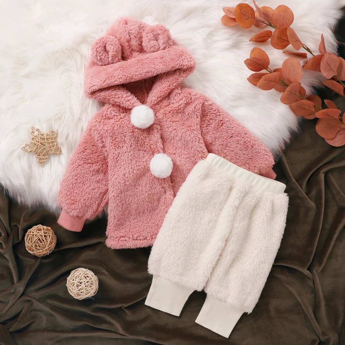 Set da due pezzi in peluche autunno inverno per bambina Adorabile giacca con cappuccio rosa con pantaloni in pile bianco crema per neonati