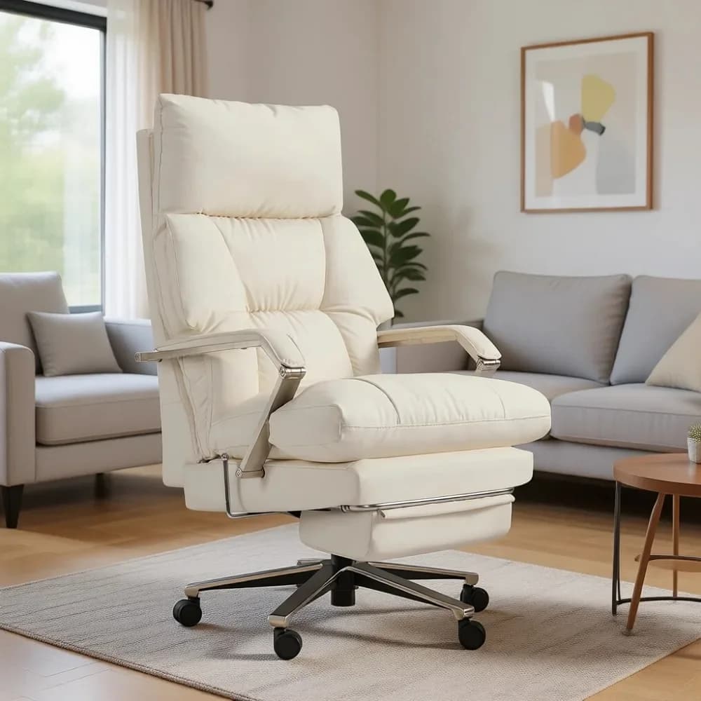 160° Reclining Executive Office Chair with Footrest, Adjustable Seat Depth, 8" Thick Cushion, 420 lb Capacity, Cream