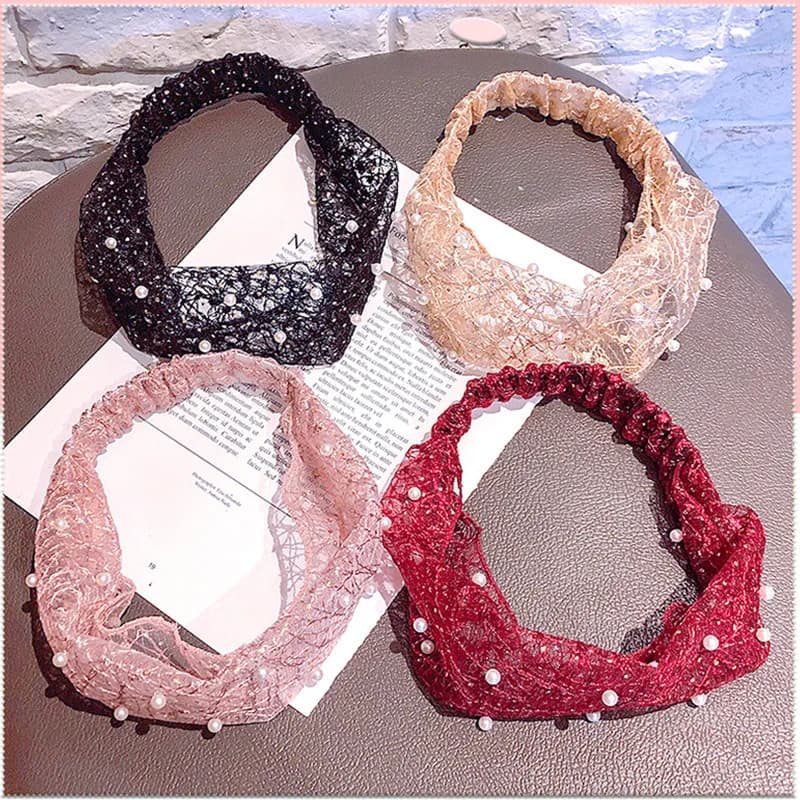 Fascia per capelli a tesa larga in pizzo alla moda per donne per nascondere la copertura elastica per capelli grigi con fermaglio per capelli decorato con perle Design geometrico