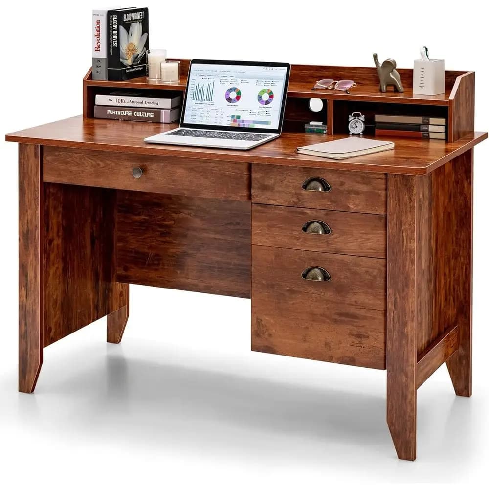 Vintage Desk in Rustic Brown Wood with Credence, 48-inch Laptop Space Table, Drawers and shelves, Writing Desk for Home Office
