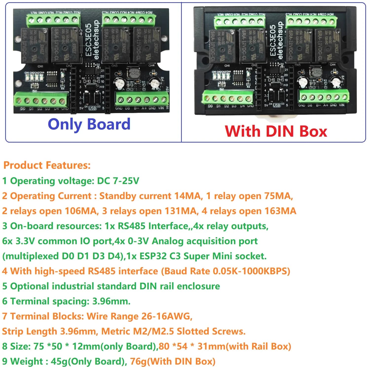 Modulo relè ESP32 C3 per rete Arduino IOT, mini scheda di espansione DC 9V 12V 24V con 4AI-4DO RS485