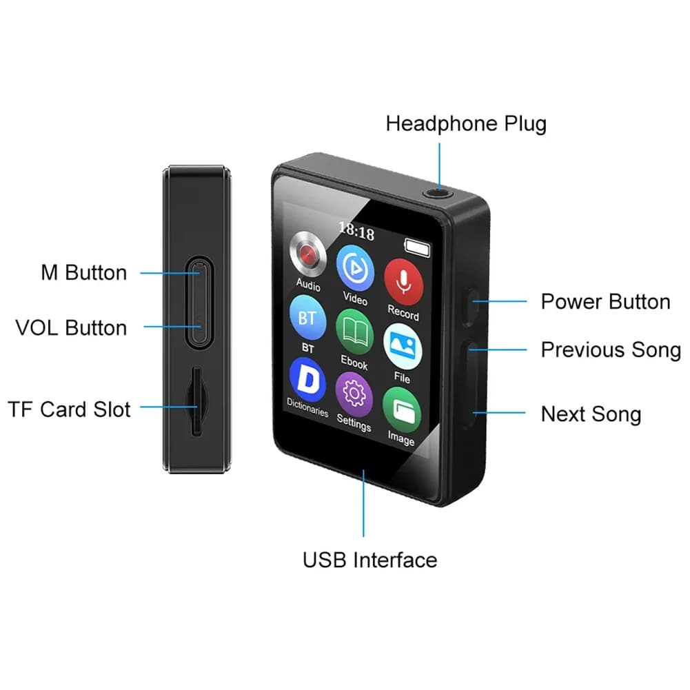 Lettore MP3 MP4 con Schermo Touch, Bluetooth 5.3, Altoparlante Integrato, Supporto Radio FM, Registrazione e E-Book