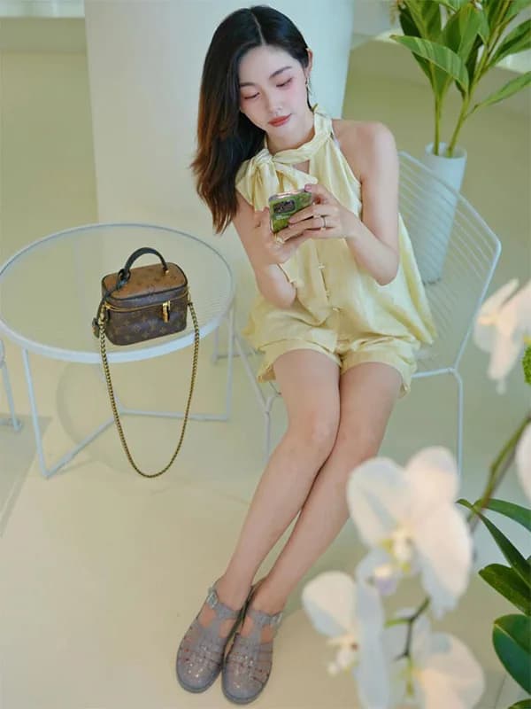 Jasmine Light Yellow Rayon High Waist Shorts Set Summer Bamboo Rhythm Zen Neck Hanging Shirt Short Pants Ensemble Casual Style