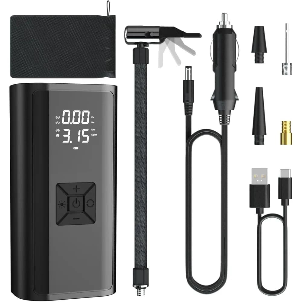 Compressore d'aria portatile per gonfiaggio pneumatici ricaricabile COSOOS per pneumatici per auto con manometro digitale per pneumatici, pompa d'aria per moto